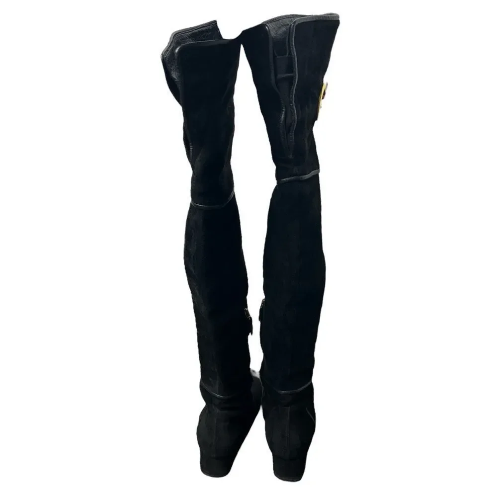Gucci Black Suede Over the Knee Boots GG 1973 Logo Block Heel Shoes Size 38